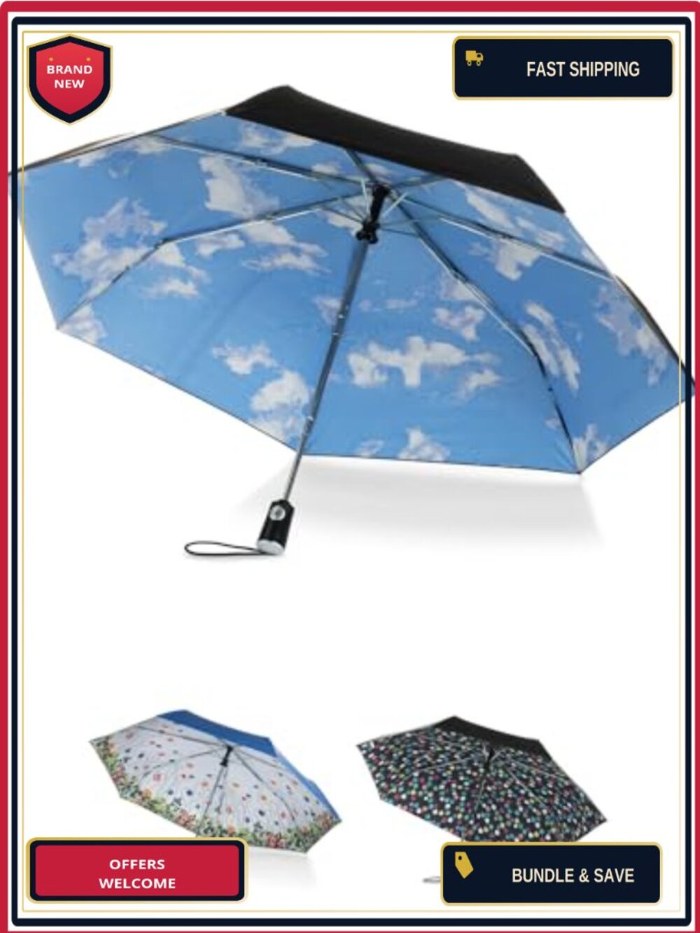 Totes Auto Open/Close Compact Umbrella with Printed Under Canopy